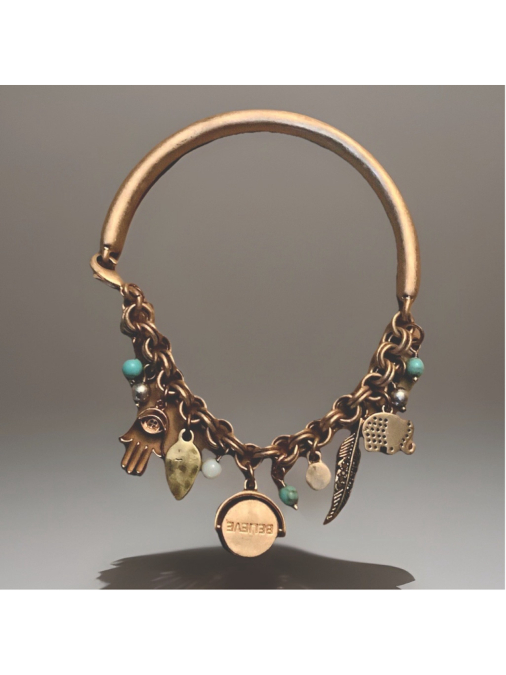 LUCKY Brand! Turquoise Crystal Love BELIEVE Charm Bracelet Goldtone D100